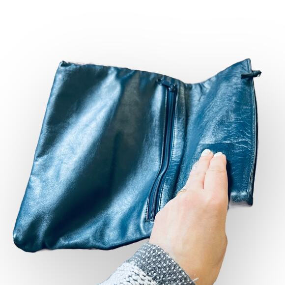 Pioneer Vintage 80s Navy Blue Leather Fold Over Clutch Purse w/ Fabric Cut Outs - Picture 7 of 15